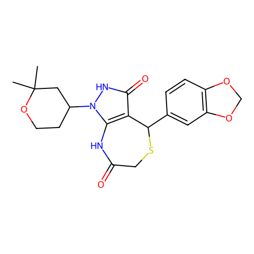 4-(1,3-benzodioxol-5-yl)-1-(2,2-dimethyltetrahydro-2H-pyran-4-yl)-3-hydroxy-4,8-dihydro-1H-pyrazolo[3,4-e][1,4]thiazepin-7(6H)-one structure