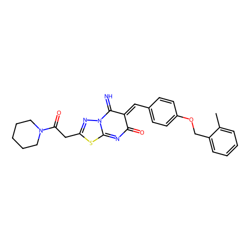 (6Z)-5-imino-6-[[4-[(2-methylphenyl)methoxy]phenyl]methylidene]-2-(2-oxo-2-piperidin-1-ylethyl)-[1,3,4]thiadiazolo[3,2-a]pyrimidin-7-one structure