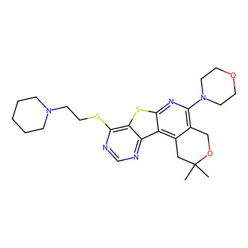 2,2-dimethyl-5-(morpholin-4-yl)-8-{[2-(piperidin-1-yl)ethyl]sulfanyl}-1,4-dihydro-2H-pyrano[4'',3'':4',5']pyrido[3',2':4,5]thieno[3,2-d]pyrimidine structure