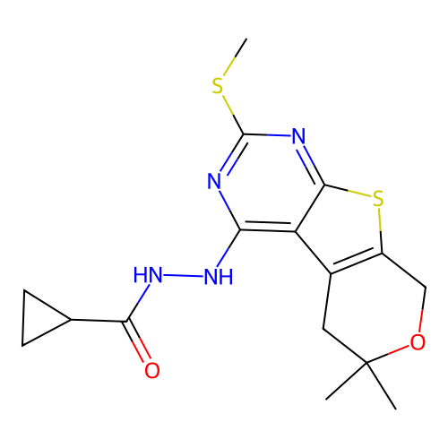 N'-(6,6-dimethyl-2-(methylthio)-6,8-dihydro-5H-pyrano[4',3':4,5]thieno[2,3-d]pyrimidin-4-yl)cyclopropanecarbohydrazide structure