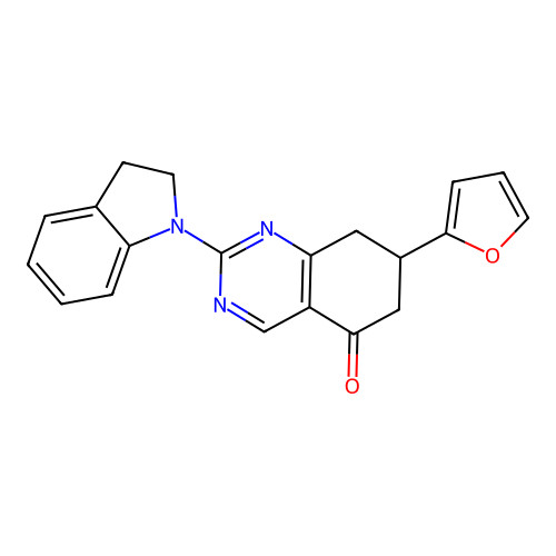 2-(2,3-dihydro-1H-indol-1-yl)-7-(furan-2-yl)-7,8-dihydroquinazolin-5(6H)-one structure