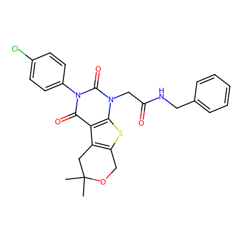 N-benzyl-2-(3-(4-chlorophenyl)-6,6-dimethyl-2,4-dioxo-2,3,4,5,6,8-hexahydro-1H-pyrano[4',3':4,5]thieno[2,3-d]pyrimidin-1-yl)acetamide structure