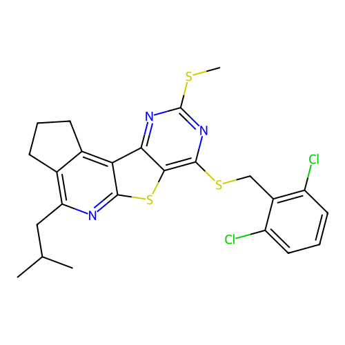 7-((2,6-dichlorobenzyl)thio)-4-isobutyl-9-(methylthio)-2,3-dihydro-1H-cyclopenta[4',5']pyrido[3',2':4,5]thieno[3,2-d]pyrimidine structure