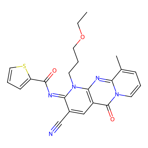 (E)-N-(3-cyano-1-(3-ethoxypropyl)-10-methyl-5-oxo-1H-dipyrido[1,2-a:2',3'-d]pyrimidin-2(5H)-ylidene)thiophene-2-carboxamide structure