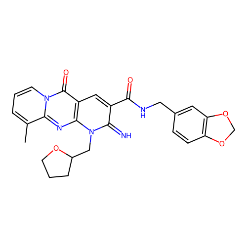 N-(1,3-benzodioxol-5-ylmethyl)-2-imino-10-methyl-5-oxo-1-(tetrahydrofuran-2-ylmethyl)-1,5-dihydro-2H-dipyrido[1,2-a:2',3'-d]pyrimidine-3-carboxamide structure