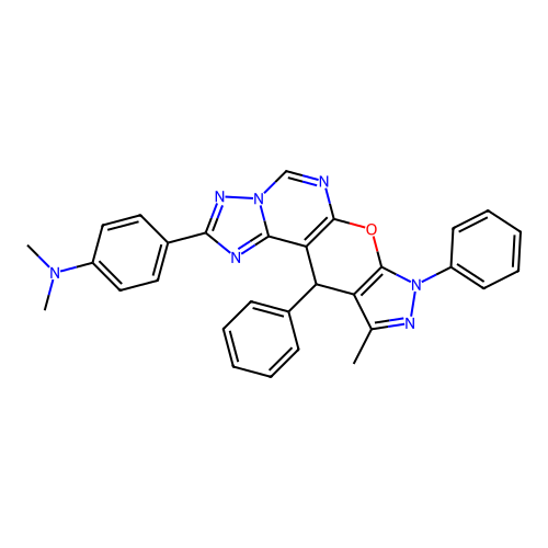 N,N-dimethyl-4-(10-methyl-8,11-diphenyl-8,11-dihydropyrazolo[4',3':5,6]pyrano[3,2-e][1,2,4]triazolo[1,5-c]pyrimidin-2-yl)aniline structure