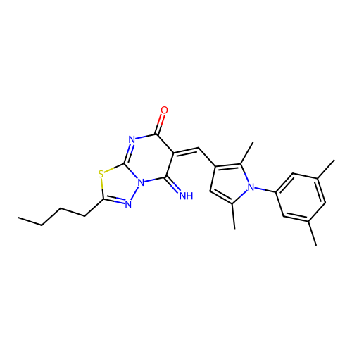 (6E)-2-butyl-6-[[1-(3,5-dimethylphenyl)-2,5-dimethylpyrrol-3-yl]methylidene]-5-imino-[1,3,4]thiadiazolo[3,2-a]pyrimidin-7-one structure