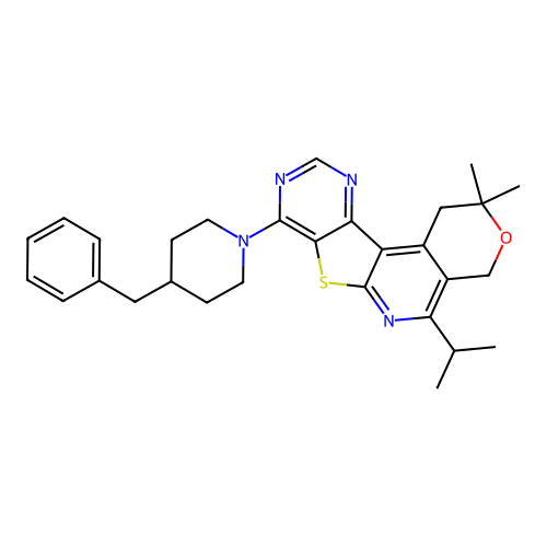 8-(4-benzylpiperidin-1-yl)-2,2-dimethyl-5-(propan-2-yl)-1,4-dihydro-2H-pyrano[4'',3'':4',5']pyrido[3',2':4,5]thieno[3,2-d]pyrimidine structure