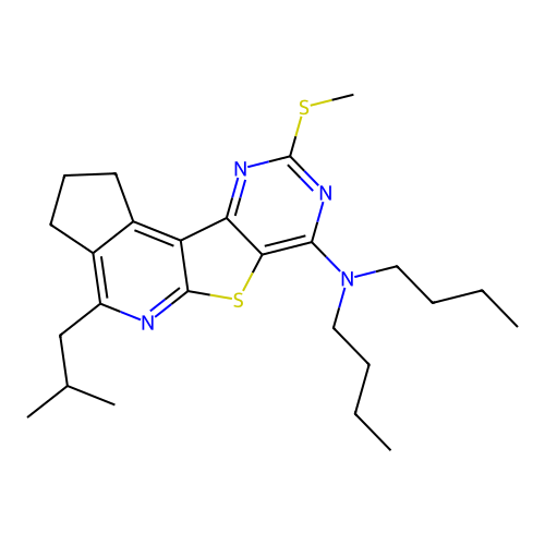 N,N-dibutyl-4-(2-methylpropyl)-9-(methylsulfanyl)-2,3-dihydro-1H-cyclopenta[4',5']pyrido[3',2':4,5]thieno[3,2-d]pyrimidin-7-amine structure