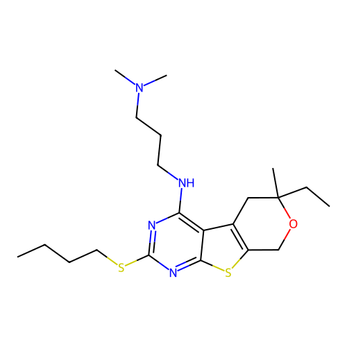 N'-[2-(butylsulfanyl)-6-ethyl-6-methyl-5,8-dihydro-6H-pyrano[4',3':4,5]thieno[2,3-d]pyrimidin-4-yl]-N,N-dimethylpropane-1,3-diamine structure