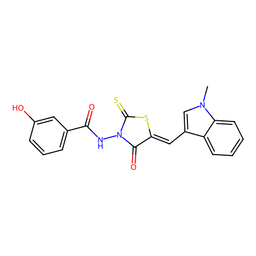 (Z)-3-hydroxy-N-(5-((1-methyl-1H-indol-3-yl)methylene)-4-oxo-2-thioxothiazolidin-3-yl)benzamide structure