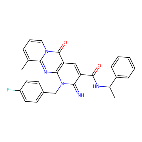 1-(4-fluorobenzyl)-2-imino-10-methyl-5-oxo-N-(1-phenylethyl)-1,5-dihydro-2H-dipyrido[1,2-a:2',3'-d]pyrimidine-3-carboxamide structure