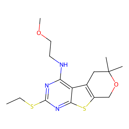 2-(ethylsulfanyl)-N-(2-methoxyethyl)-6,6-dimethyl-5,8-dihydro-6H-pyrano[4',3':4,5]thieno[2,3-d]pyrimidin-4-amine structure