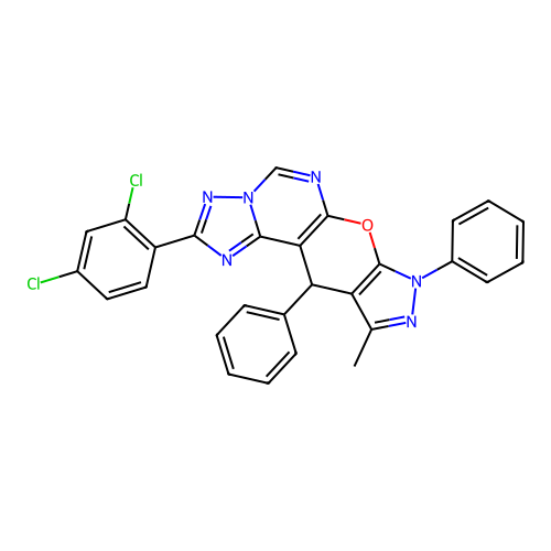 2-(2,4-dichlorophenyl)-10-methyl-8,11-diphenyl-8,11-dihydropyrazolo[4',3':5,6]pyrano[3,2-e][1,2,4]triazolo[1,5-c]pyrimidine structure
