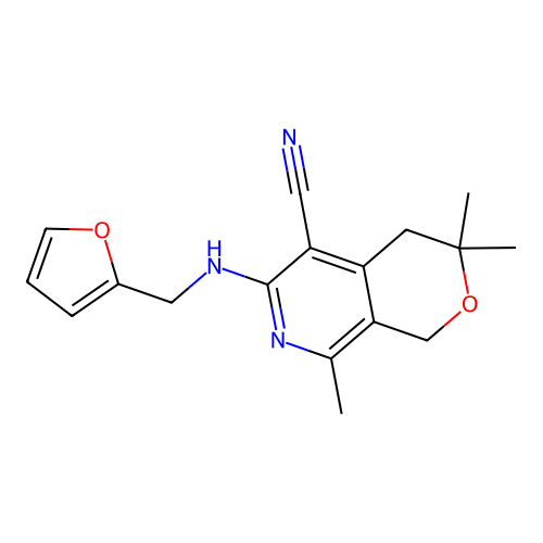 6-(furan-2-ylmethylamino)-3,3,8-trimethyl-1,4-dihydropyrano[3,4-c]pyridine-5-carbonitrile structure