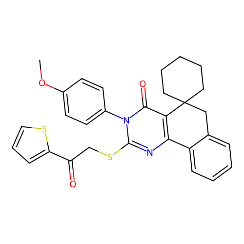 3-(4-methoxyphenyl)-2-((2-oxo-2-(thiophen-2-yl)ethyl)thio)-3H-spiro[benzo[h]quinazoline-5,1'-cyclohexan]-4(6H)-one structure