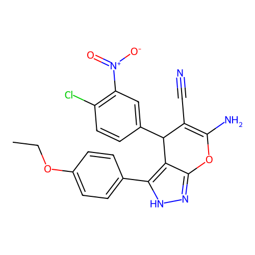 6-amino-4-(4-chloro-3-nitrophenyl)-3-(4-ethoxyphenyl)-1,4-dihydropyrano[2,3-c]pyrazole-5-carbonitrile structure