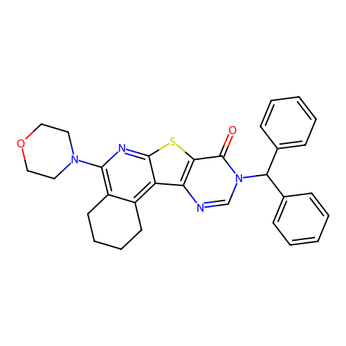 9-(diphenylmethyl)-5-(morpholin-4-yl)-1,2,3,4-tetrahydropyrimido[4',5':4,5]thieno[2,3-c]isoquinolin-8(9H)-one structure