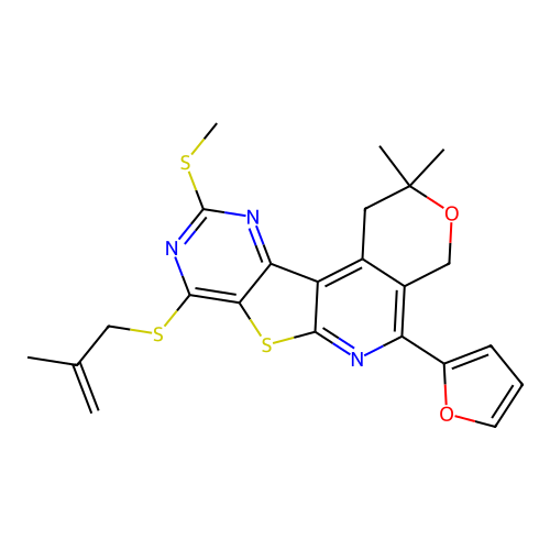 5-(furan-2-yl)-2,2-dimethyl-8-((2-methylallyl)thio)-10-(methylthio)-2,4-dihydro-1H-pyrano[4'',3'':4',5']pyrido[3',2':4,5]thieno[3,2-d]pyrimidine structure