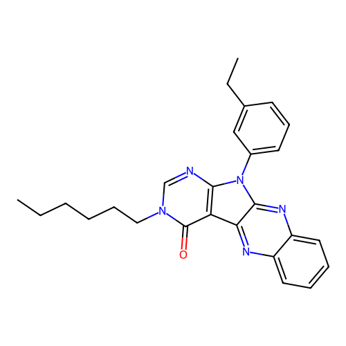 11-(3-ethylphenyl)-3-hexyl-3H-pyrimido[5',4':4,5]pyrrolo[2,3-b]quinoxalin-4(11H)-one structure