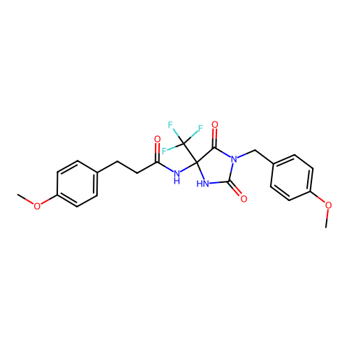 3-(4-methoxyphenyl)-N-[1-[(4-methoxyphenyl)methyl]-2,5-dioxo-4-(trifluoromethyl)imidazolidin-4-yl]propanamide structure
