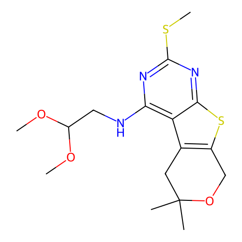 N-(2,2-dimethoxyethyl)-6,6-dimethyl-2-(methylsulfanyl)-5,8-dihydro-6H-pyrano[4',3':4,5]thieno[2,3-d]pyrimidin-4-amine structure