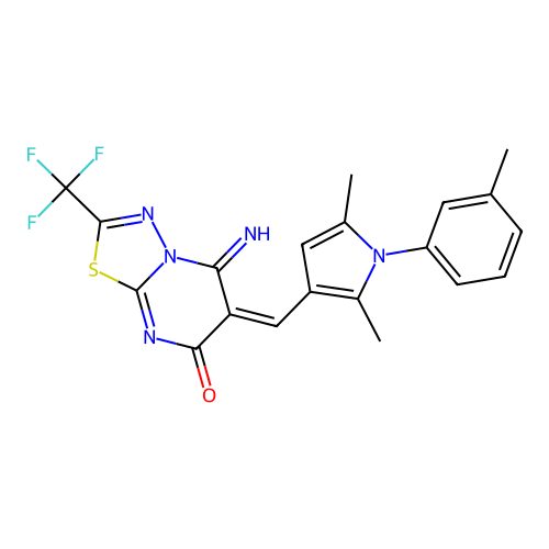 (E)-6-((2,5-dimethyl-1-(m-tolyl)-1H-pyrrol-3-yl)methylene)-5-imino-2-(trifluoromethyl)-5H-[1,3,4]thiadiazolo[3,2-a]pyrimidin-7(6H)-one structure