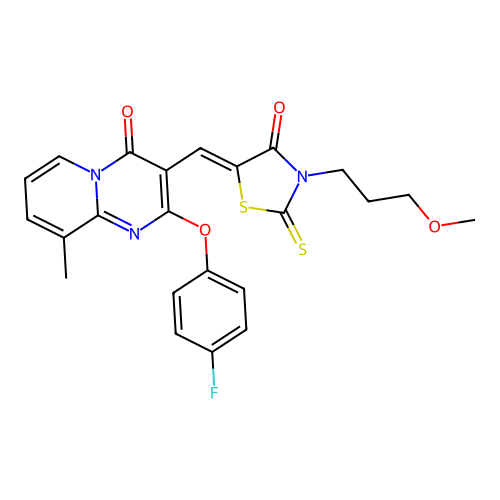 2-(4-fluorophenoxy)-3-{(Z)-[3-(3-methoxypropyl)-4-oxo-2-thioxo-1,3-thiazolidin-5-ylidene]methyl}-9-methyl-4H-pyrido[1,2-a]pyrimidin-4-one structure