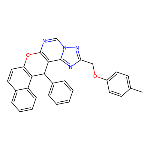 2-[(4-methylphenoxy)methyl]-14-phenyl-14H-benzo[5,6]chromeno[3,2-e][1,2,4]triazolo[1,5-c]pyrimidine structure