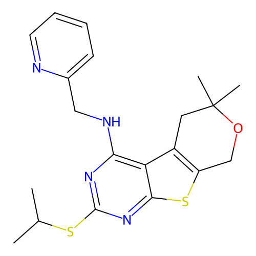 2-(isopropylthio)-6,6-dimethyl-N-(pyridin-2-ylmethyl)-6,8-dihydro-5H-pyrano[4',3':4,5]thieno[2,3-d]pyrimidin-4-amine structure