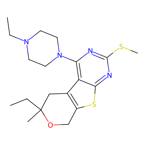 6-ethyl-4-(4-ethylpiperazin-1-yl)-6-methyl-2-(methylsulfanyl)-5,8-dihydro-6H-pyrano[4',3':4,5]thieno[2,3-d]pyrimidine structure