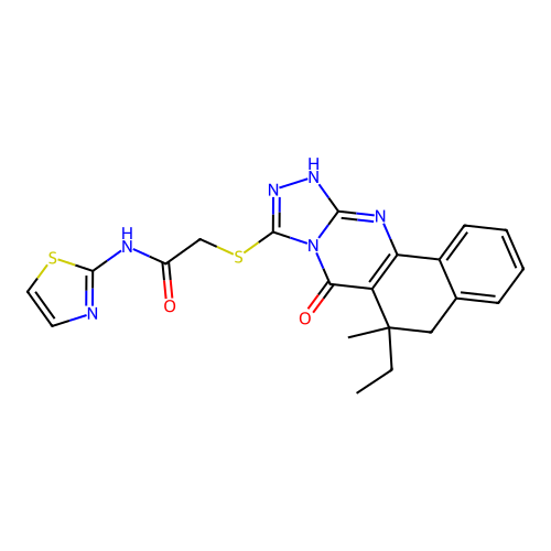 2-((6-ethyl-6-methyl-7-oxo-5,6,7,12-tetrahydrobenzo[h][1,2,4]triazolo[3,4-b]quinazolin-9-yl)thio)-N-(thiazol-2-yl)acetamide structure