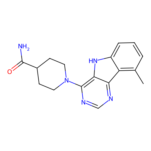 1-(9-methyl-5H-pyrimido[5,4-b]indol-4-yl)piperidine-4-carboxamide structure