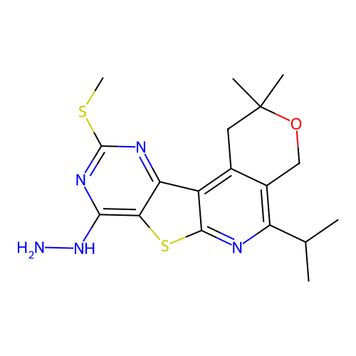 8-hydrazinyl-2,2-dimethyl-10-(methylsulfanyl)-5-(propan-2-yl)-1,4-dihydro-2H-pyrano[4'',3'':4',5']pyrido[3',2':4,5]thieno[3,2-d]pyrimidine structure