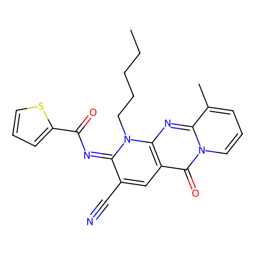 (E)-N-(3-cyano-10-methyl-5-oxo-1-pentyl-1H-dipyrido[1,2-a:2',3'-d]pyrimidin-2(5H)-ylidene)thiophene-2-carboxamide structure