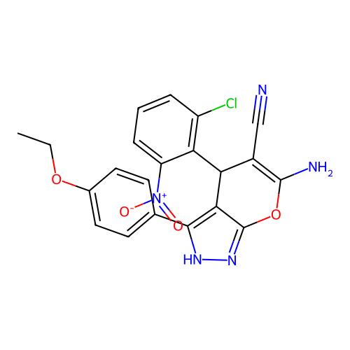 6-amino-4-(2-chloro-6-nitrophenyl)-3-(4-ethoxyphenyl)-1,4-dihydropyrano[2,3-c]pyrazole-5-carbonitrile structure