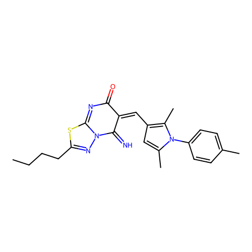 (6E)-2-butyl-6-[[2,5-dimethyl-1-(4-methylphenyl)pyrrol-3-yl]methylidene]-5-imino-[1,3,4]thiadiazolo[3,2-a]pyrimidin-7-one structure