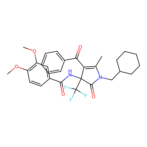 N-(4-benzoyl-1-(cyclohexylmethyl)-5-methyl-2-oxo-3-(trifluoromethyl)-2,3-dihydro-1H-pyrrol-3-yl)-3,4-dimethoxybenzamide structure