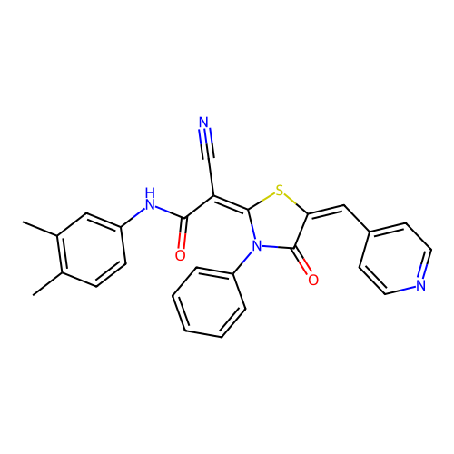 (2E)-2-cyano-N-(3,4-dimethylphenyl)-2-[(5E)-4-oxo-3-phenyl-5-(pyridin-4-ylmethylidene)-1,3-thiazolidin-2-ylidene]acetamide structure