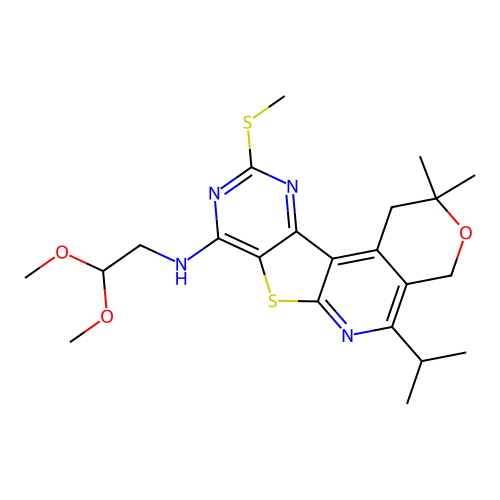 N-(2,2-dimethoxyethyl)-2,2-dimethyl-10-(methylsulfanyl)-5-(propan-2-yl)-1,4-dihydro-2H-pyrano[4'',3'':4',5']pyrido[3',2':4,5]thieno[3,2-d]pyrimidin-8-amine structure