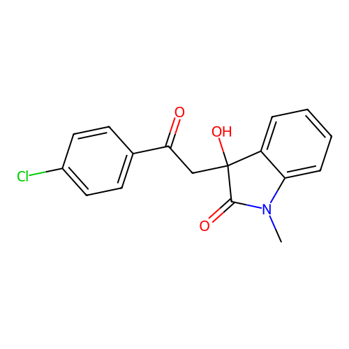 3-[2-(4-chlorophenyl)-2-oxoethyl]-3-hydroxy-1-methyl-1,3-dihydro-2H-indol-2-one structure