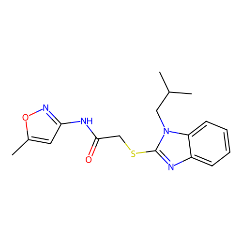 N-(5-methyl-1,2-oxazol-3-yl)-2-[1-(2-methylpropyl)benzimidazol-2-yl]sulfanylacetamide structure