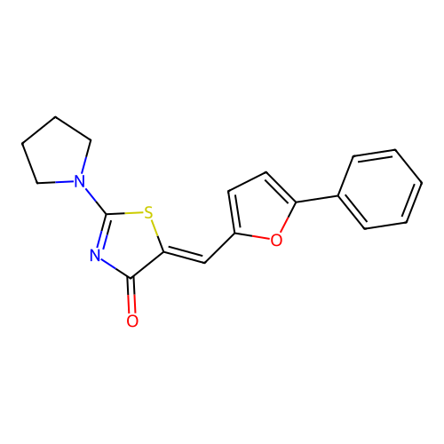 (5Z)-5-[(5-phenylfuran-2-yl)methylidene]-2-(pyrrolidin-1-yl)-1,3-thiazol-4(5H)-one structure