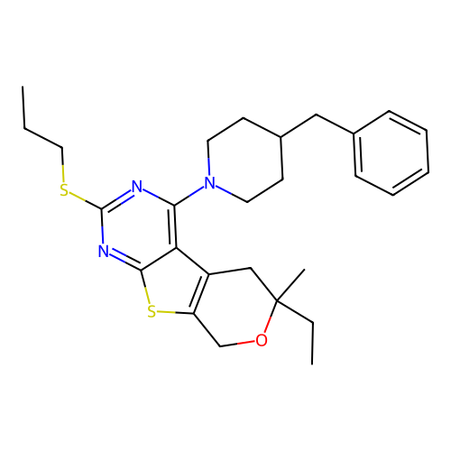 4-(4-benzylpiperidin-1-yl)-6-ethyl-6-methyl-2-(propylsulfanyl)-5,8-dihydro-6H-pyrano[4',3':4,5]thieno[2,3-d]pyrimidine structure