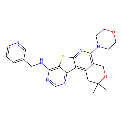 2,2-dimethyl-5-(morpholin-4-yl)-N-(pyridin-3-ylmethyl)-1,4-dihydro-2H-pyrano[4'',3'':4',5']pyrido[3',2':4,5]thieno[3,2-d]pyrimidin-8-amine structure