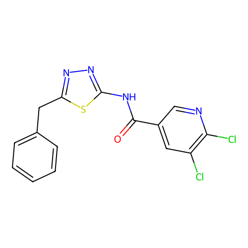 N-(5-benzyl-1,3,4-thiadiazol-2-yl)-5,6-dichloropyridine-3-carboxamide structure