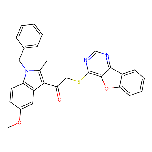 2-([1]benzofuro[3,2-d]pyrimidin-4-ylsulfanyl)-1-(1-benzyl-5-methoxy-2-methyl-1H-indol-3-yl)ethanone structure