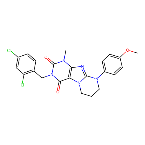 3-(2,4-dichlorobenzyl)-9-(4-methoxyphenyl)-1-methyl-6,7,8,9-tetrahydropyrimido[2,1-f]purine-2,4(1H,3H)-dione structure