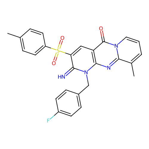 7-[(4-fluorophenyl)methyl]-6-imino-11-methyl-5-(4-methylbenzenesulfonyl)-1,7,9-triazatricyclo[8.4.0.0^{3,8}]tetradeca-3(8),4,9,11,13-pentaen-2-one structure