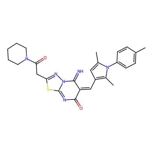 (E)-6-((2,5-dimethyl-1-(p-tolyl)-1H-pyrrol-3-yl)methylene)-5-imino-2-(2-oxo-2-(piperidin-1-yl)ethyl)-5H-[1,3,4]thiadiazolo[3,2-a]pyrimidin-7(6H)-one structure